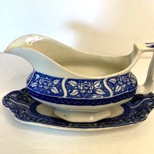 Antique 1910s F Winkle Whiledon Gravy Boat and Saucer Flow Blue Style Corona